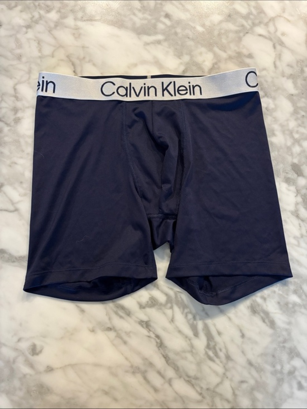 Calvin Klein Navy Boxer Briefs with silver Logo Waistband